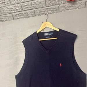 Polo Ralph Lauren Sweater Vest Mens XL Navy Blue V Neck Pima Cotton Red Pony